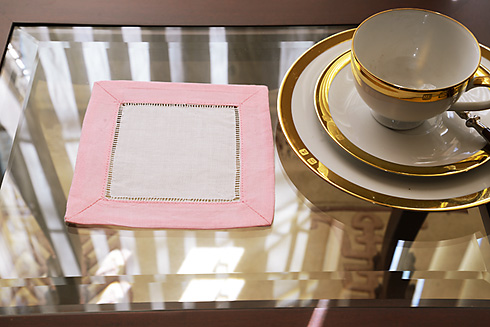 Hemstitch Cocktail Napkin, 6x6". Candy Pink border
