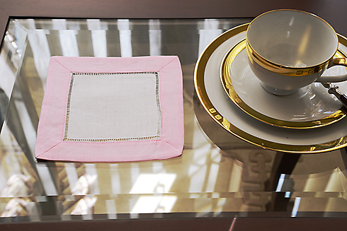 Hemstitch Cocktail Napkin, 6x6". Cherry Pink border