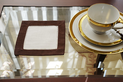 Hemstitch Cocktail Napkin, 6x6". Chocolate color bordr