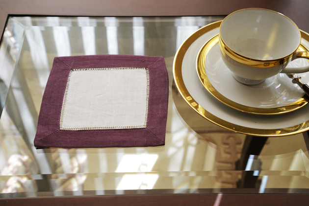 Hemstitch Cocktail Napkin, 6x6". Grape Kiss color border