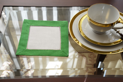 Hemstitch Cocktail Napkin, 6x6". Xmas Green color border
