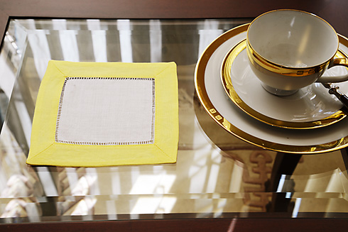 Hemstitch Cocktail Napkin, 6x6". Lemon Color border