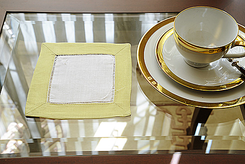 Hemstitch Cocktail Napkin, 6x6". Mellow Green Color border