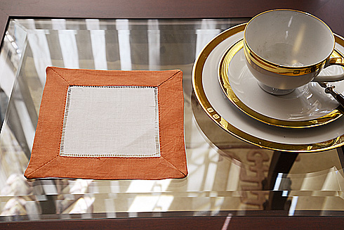 Hemstitch Cocktail Napkin, 6x6". Peach Caramel color border