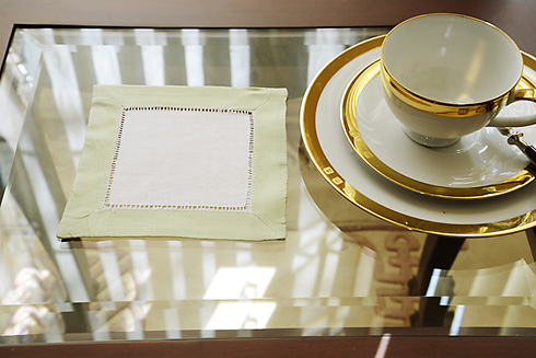 Hemstitch Cocktail Napkin, 6x6". Tender Green color border