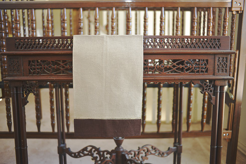 hemstitch guest towel, 14x22" Doeskin with brown border