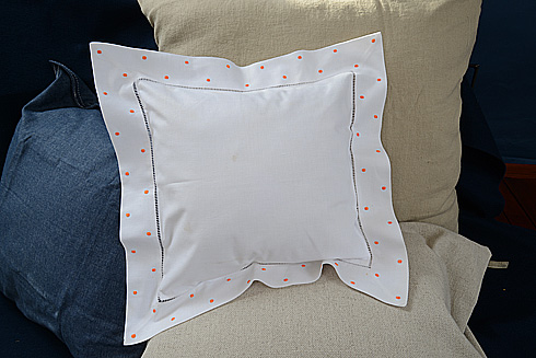 Hemstitch Square Pillow Sham 12x12" with Orange Polka Dots