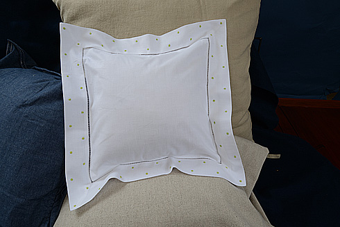 Hemstitch Square Pillow Sham 12x12" with Mint Green Polka Dots