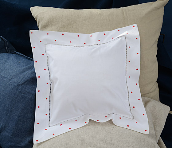 Hemstitch Square Pillow Sham 12x12" with Red Polka Dots