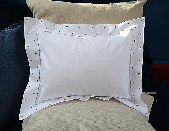 Hemstitch Square Pillow Sham 12x16" with Black Polka Dots.