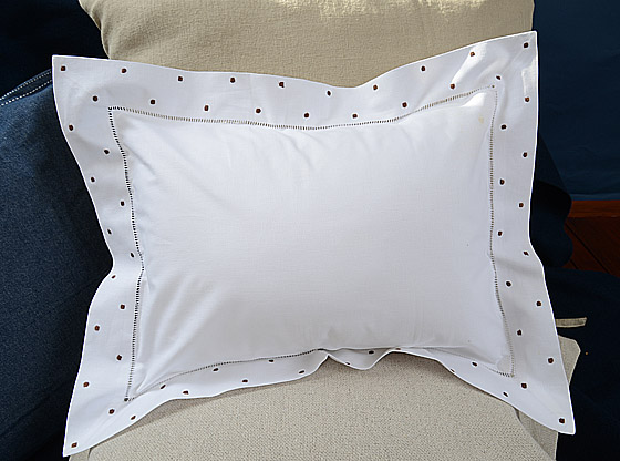 Hemstitch Square Pillow Sham 12x16" with Brown Polka Dots.