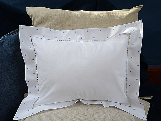 Hemstitch Square Pillow Sham 12x16" with French Blue Polka Dots.
