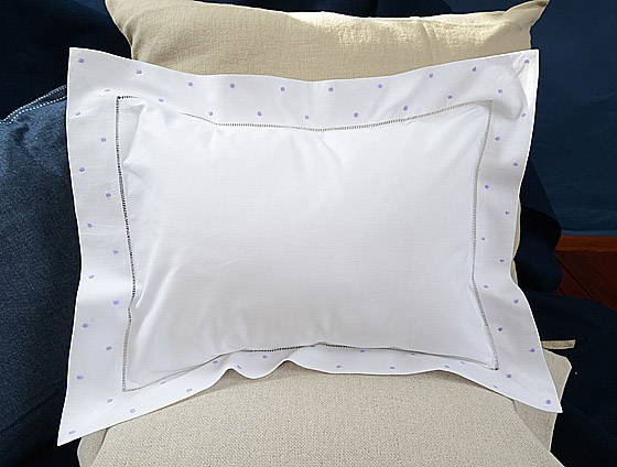 Hemstitch Square Pillow Sham 12x16" with Lavender Polka Dots.