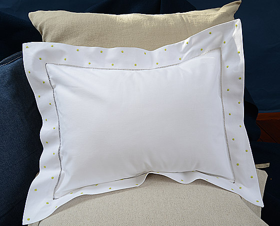Hemstitch Square Pillow Sham 12x16" with Hot Green Polka Dots.