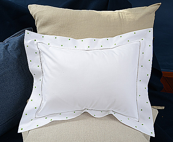 Hemstitch Square Pillow Sham 12x16" with Mint Green Polka Dots.