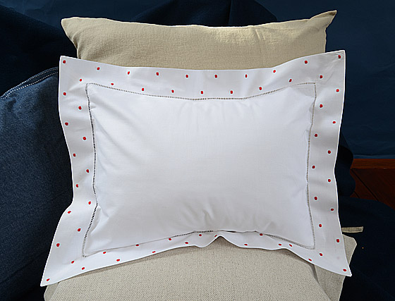 Hemstitch Square Pillow Sham 12x16" with Orange Polka Dots.
