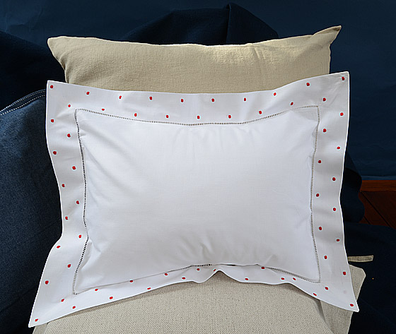 Hemstitch Square Pillow Sham 12x16" with Red Polka Dots.