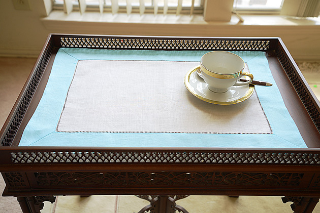 hemstitch placemat, 14x20", Ivory & Aqua border