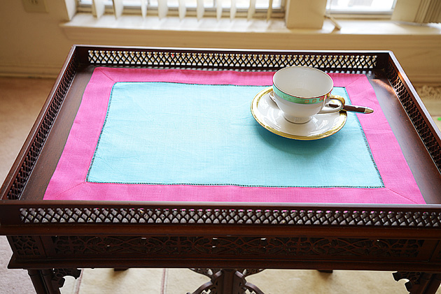 hemstitch placemat, 14x20", Aqua & Hot Pink