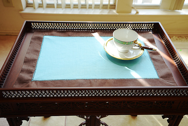 hemstitch placemat, 14x20", Aqua & Brown border