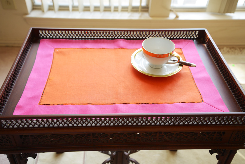 Hemstitch Placemat, 14x20". Orange & Hot Pink border