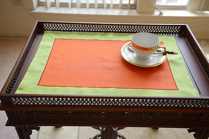 Hemstitch Placemat, 14x20". Orange & Green border
