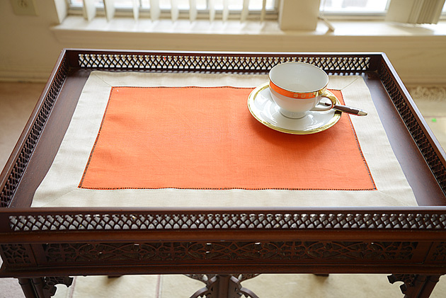 hemstitch placemat, 14x20", Hot Orange & Taupe border