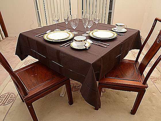 Hemstitch Tablecloth, 54"square. Chocolate Brown color