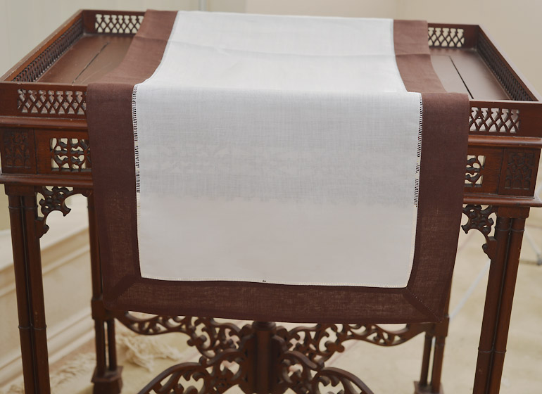 Hemstitch Runner. Color on Chocolate Brown border