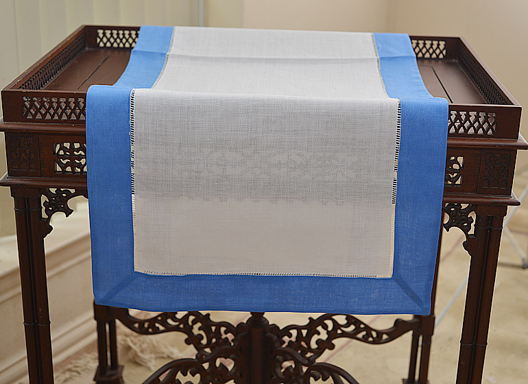 Hemstitch Runner. Color on French Blue border