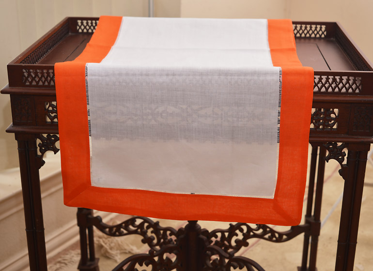 Hemstitch Runner. Color on Color Hot Orange color border