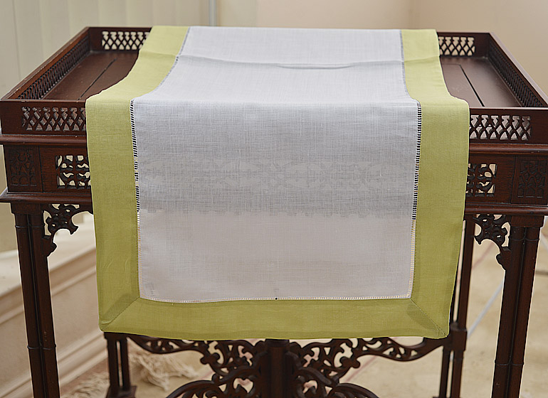 Hemstitch Runner. Color on Color Willow Green color border